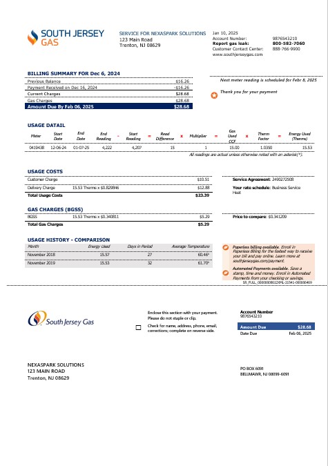 USA New Jersey gas business utility bill template in Word and PDF formats